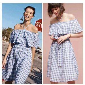 Anthropologie 11.1 Tylho Blue Gingham Ruffle Off-The-Shoulder Dress XS Petite Wi